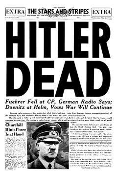 Portada del 2 de mayo de 1945 del diario militar estadounidense The Stars and Stripes, con la noticia de la muerte de Hitler.